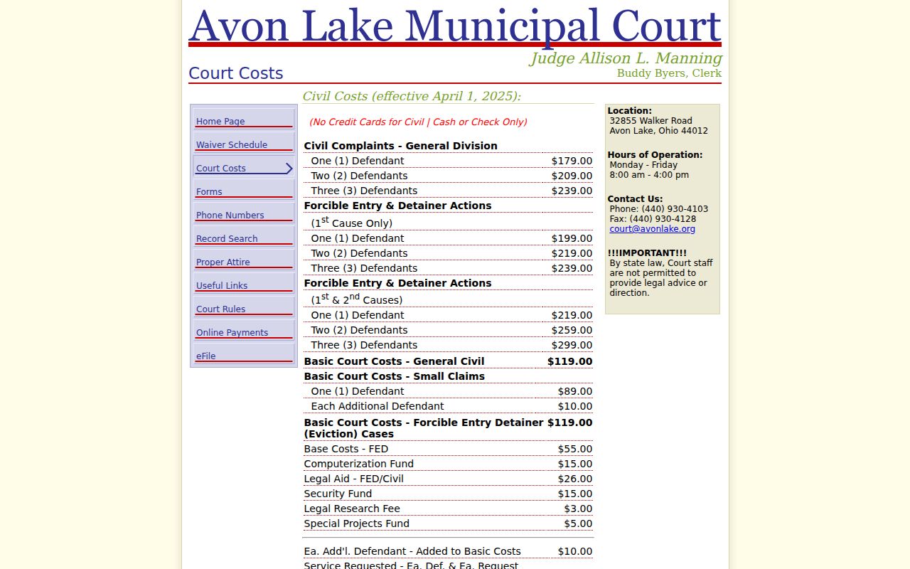 Avon court docket transfer court cost records
