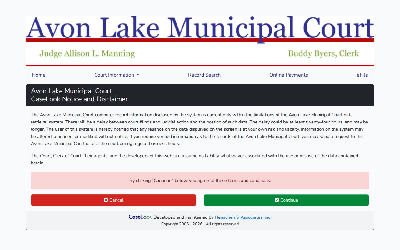 Avon Lake court docket CaseLook data delay notice