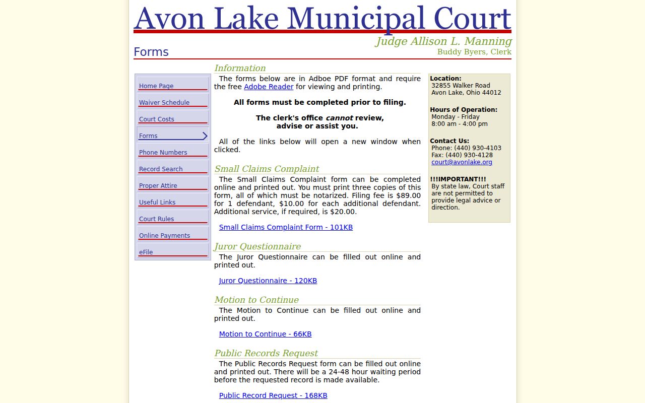Avon Lake court docket records request forms