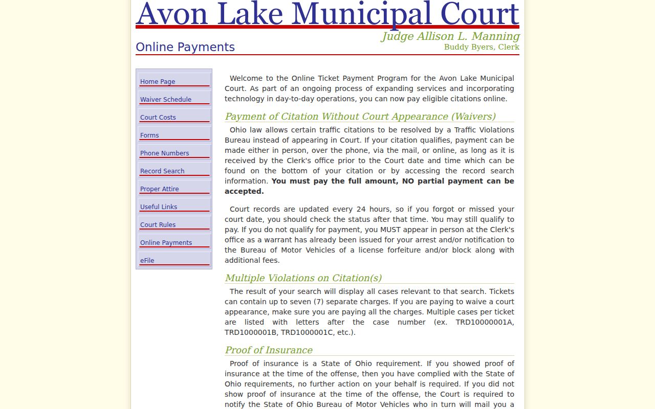 Avon Lake court docket traffic payment search