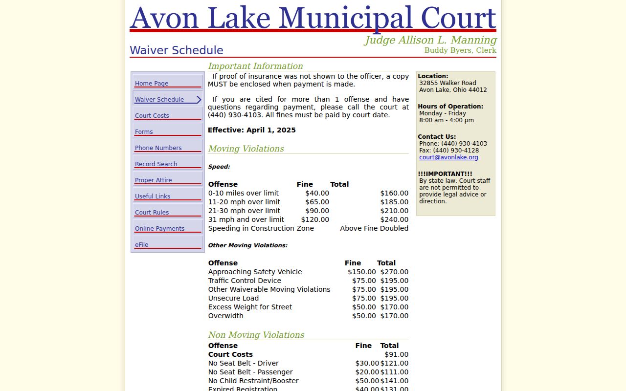 Avon Lake court docket traffic waiver schedule