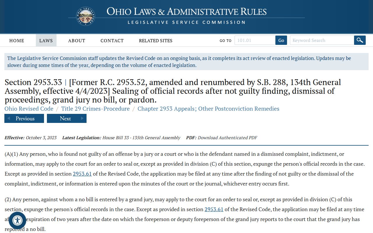 Lorain County criminal docket dismissal sealing statute