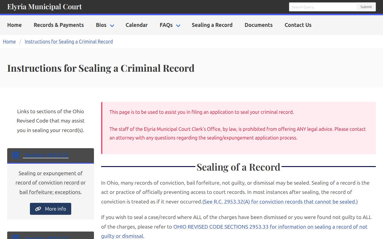 Lorain County criminal docket Elyria sealing record procedure