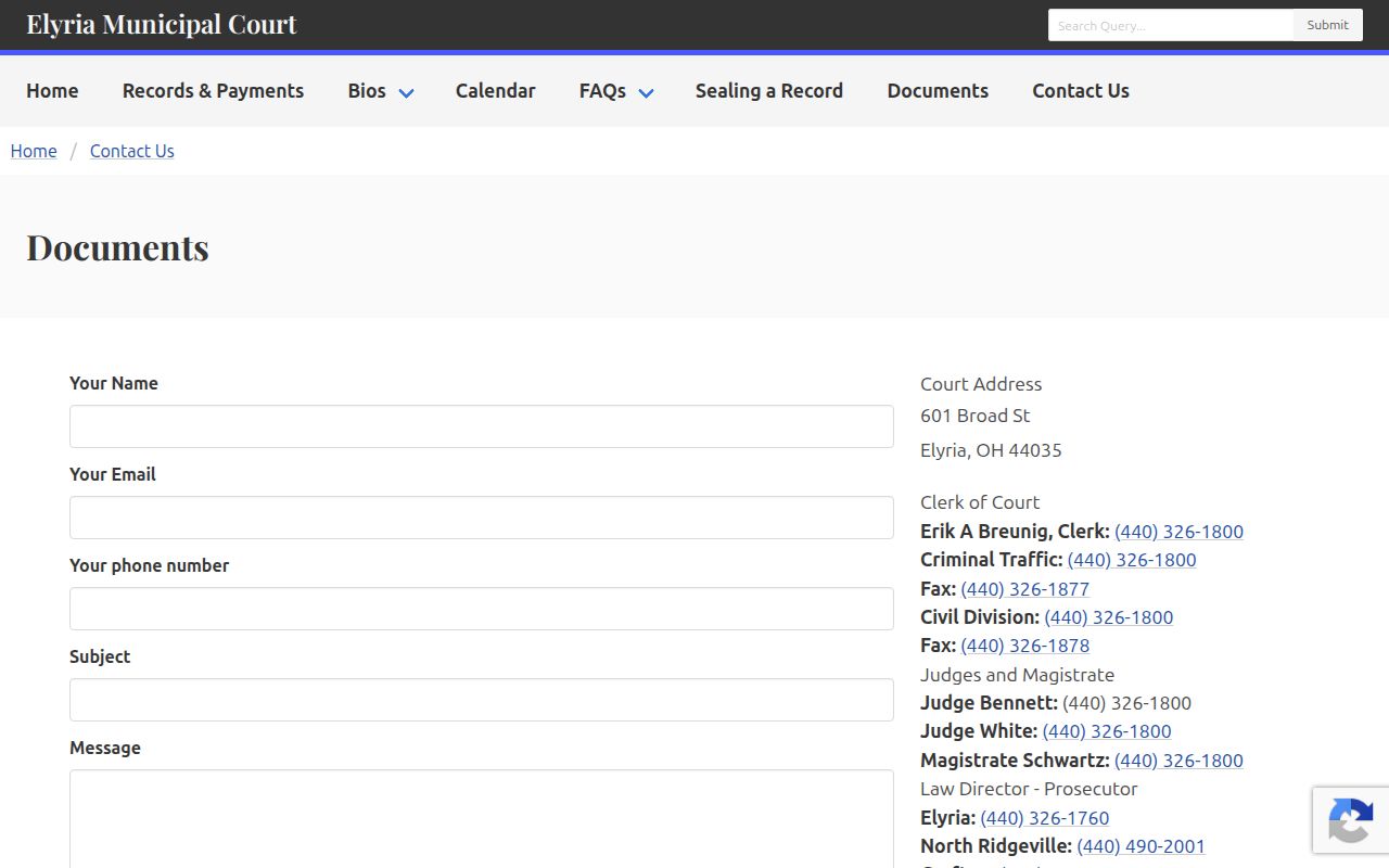 Elyria court docket clerk and court contacts
