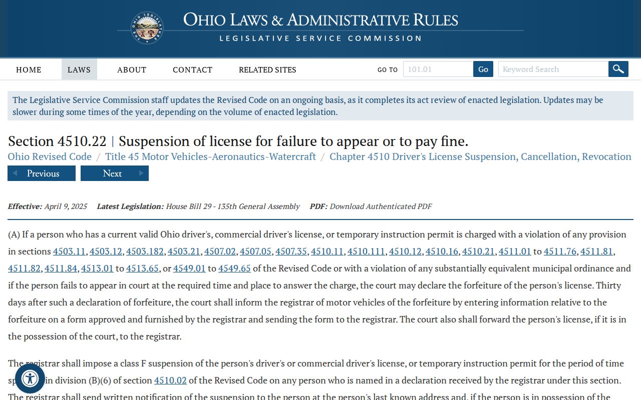 Lorain County traffic court records failure to appear statute